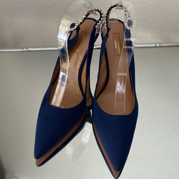 New ๐ Aquazzura Blue Portrait Of A Lady Embellished Slingback Pumps 40 - Picture 10 of 15